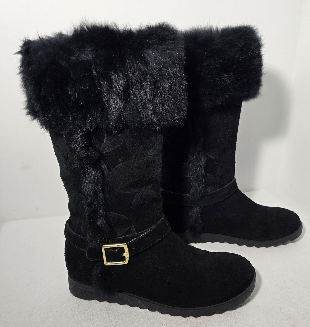 Coach Deeann Suede Boots Black Signature C Suede Fur Trim Women Size 7-1/2 B